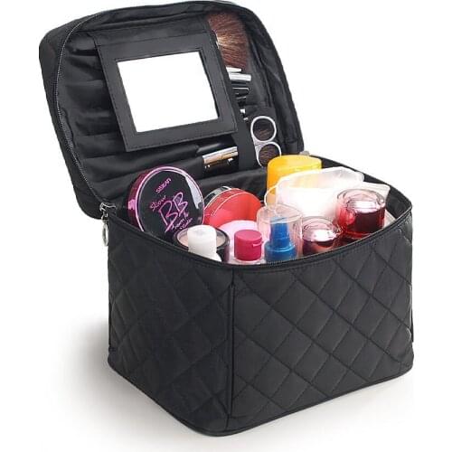 Cosmetic Bag with Mirror Folding Design Portable Handle Waterproof Nylon Large Capacity Travel Make Up Necessaries Organizer