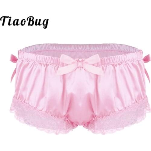 TiaoBug Men Sissy Panties Shiny Soft Satin Lingerie Ruffle Floral Lace Cute Bowknot Knickers Briefs Hot Sexy Male Gay Underwear