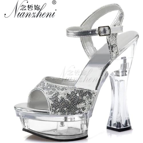 14CM Bling Glitter High heels Stripper heels Pole dance shoes Sxey Peep toe Show Stage Models Party Full dress Coarse heel New