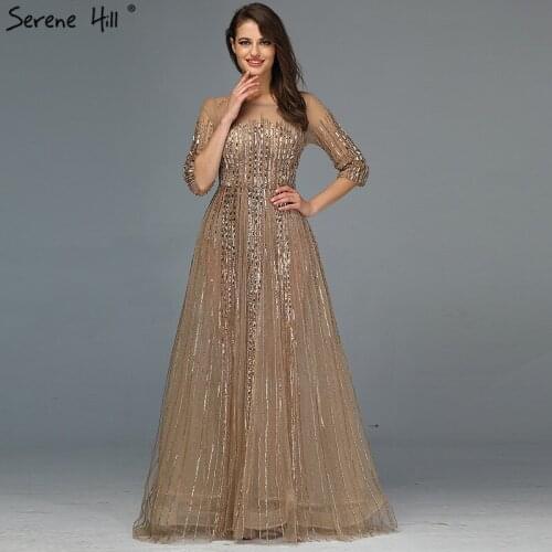 Serene Hill Gold Dubai Design Long Sleeves Evening Dress 2020 A-Line Luxury Beading Crystal Formal Party Gown CLA70170