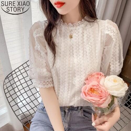 2021 Summer New Beautiful Shirts Women Tops Sweet White Lace Blouse Short Lantern Sleeve Shirt Stand Collar Casual Clothes 14414
