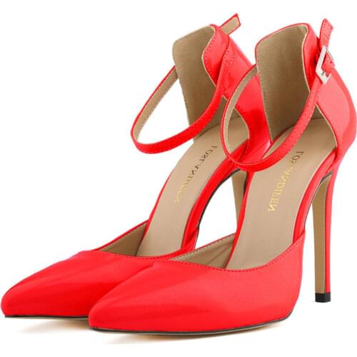 Women Sandals Sexy Patent Leather Super High Heels Woman Pumps Summer Party Pointy Toe Buckle Office Ladie Dress Shoes 16 Colors