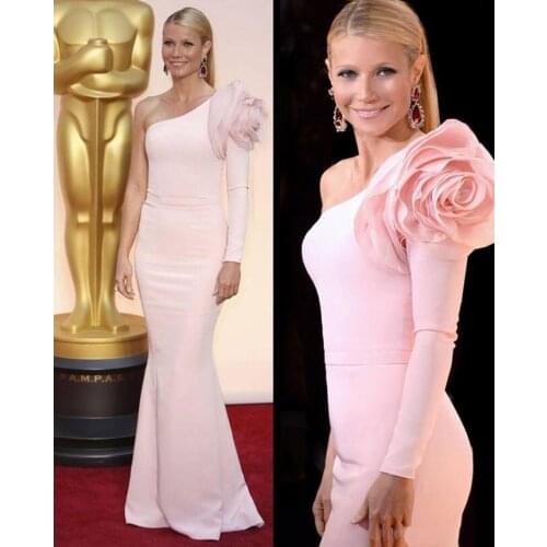 Pink Celebrity Dresses Mermaid One-shoulder Long Sleeves Flowers Long Famous Formal Red Carpet Dresses