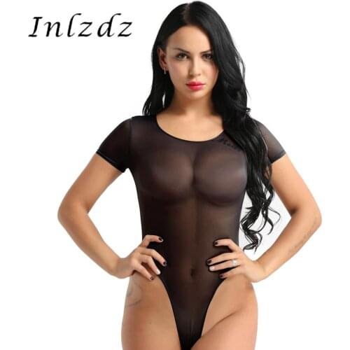 Womens Lingerie Bikini Thongs Bodysuit One Piece Mesh See Through Sheer Teddy Short Sleeve High Cut Romper Swimsuit Jumpsuit