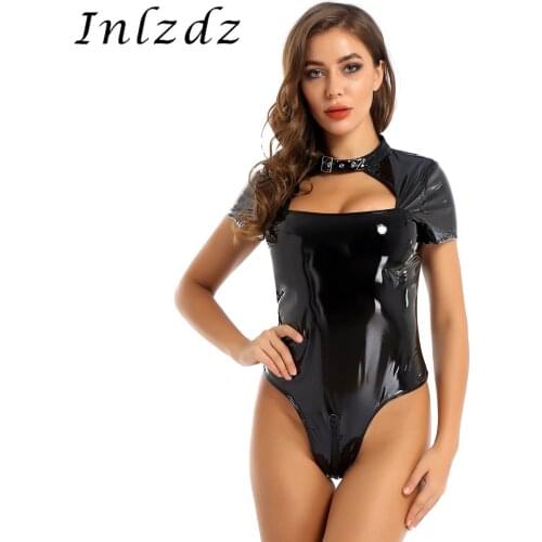 Womens Lingerie Bodysuit Wet Look Patent Leather Erotic Sexual Costume Collar Neck Double-ended Zipper Hot Sexy Leotard Bodysuit