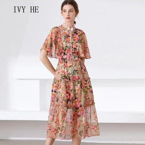 IVY HE High Quality Summer Dress Woman Clothing French Floral Chiffon Petal Sleeve Midi Long Dress Traf Robe ZA Party Dresses
