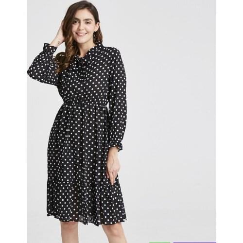 2020 Spring Autumn Womens Chiffon Dresses Stand Neck With Bow Floral Print Ruffles Vestido Long Sleeve Elegant Cute Dress S-XL