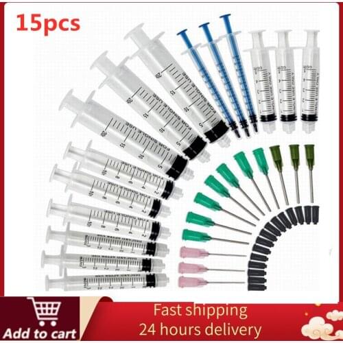 15pcs Syringes Set 14/16/20GA Blunt Tip Needle with Caps Luer Slip Syringe Glue Applicator Multi Refilling and Measuring Tool