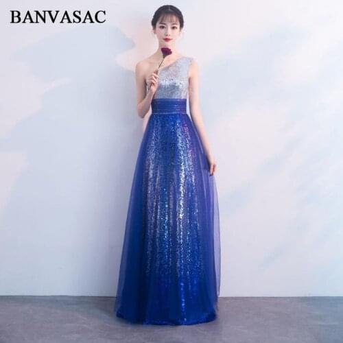 BANVASAC 2018 One Shoulder Sequined Sleeveless A Line Long Evening Dresses Party Lace Sash Backless Prom Gowns