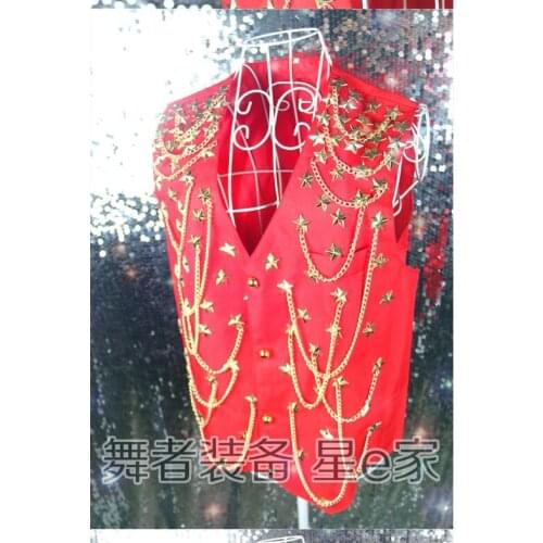 Free Shipping Hot Brand Red Nightclub Bar Men New Singers Stage Costume Tide Personality Slim Rivet Sequined Vest Outwear