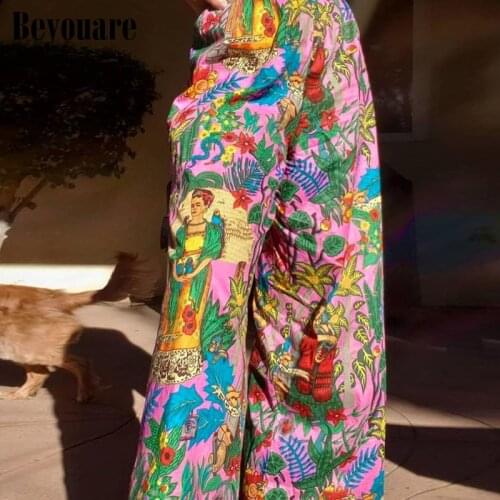 Beyouare Bohemia Harajuku Print Loose Straight Pants Vintage Design Streetwear Elastic Waist Casual Beach Women Trousers Summer