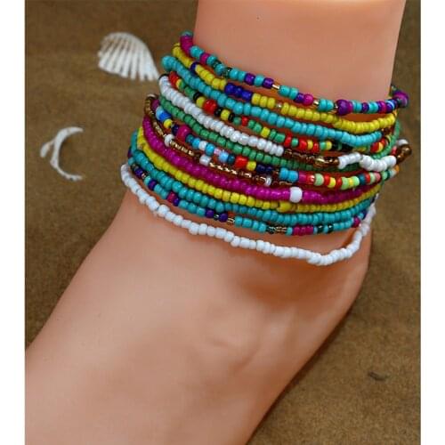 Boho Colorful Bead Anklets for Women Bohemia Rainbow Elasticity Anklets Femme Summer Barefoot Sandals on Foot Jewelry AM3155