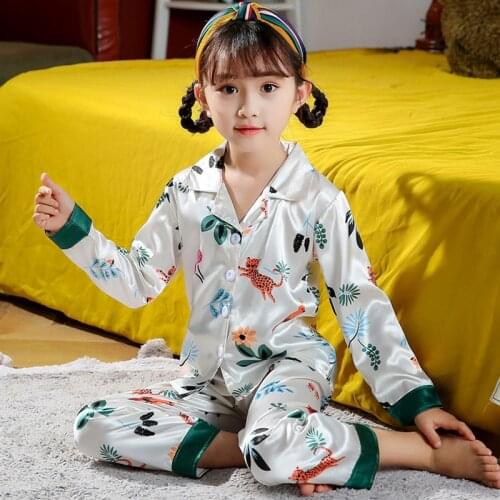 Spring Autumn Silk Pajama Sets Childrens Long Sleeve Pijamas for Kids Pyjamas Girls Boys Home Clothes Baby Sleepwear Nightwear