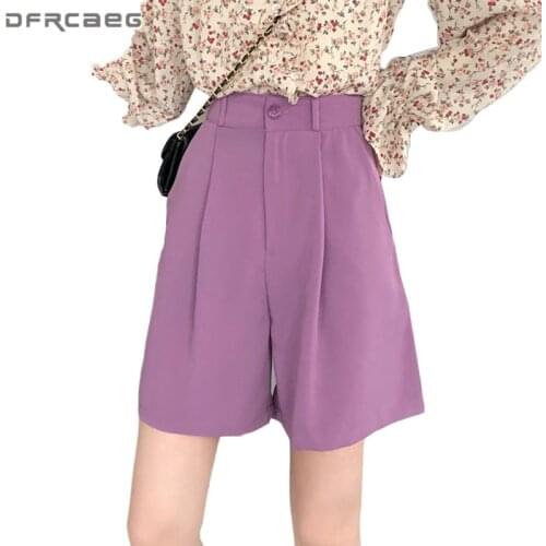 Purple Loose Wide Leg Women Shorts Summer 2020 Korean High Waist Casual Work Suit Wear Bermuda Shorts Trousers Feminino
