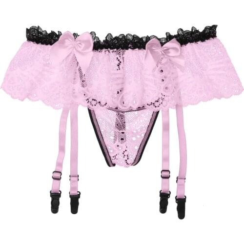Gay Men Hollow Out Lace Skirted G-String Thongs Sexy Panties Elastic Waist Crotchless Briefs T-Back Garter Belts Sissy Underwear