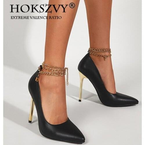 HOKSVZY 2021 Womens Shoes Fashion Pointed Toe Pumps Womens Shoes Metal Chain High Heels Black Stiletto Single Shoes CWF