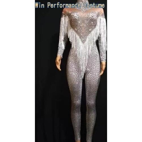 Custom Jumpsuit Anniversary Birthday Flashing Rhinestones Fringe Luxry Bodysuit outfit Party Wear tee dress Singer