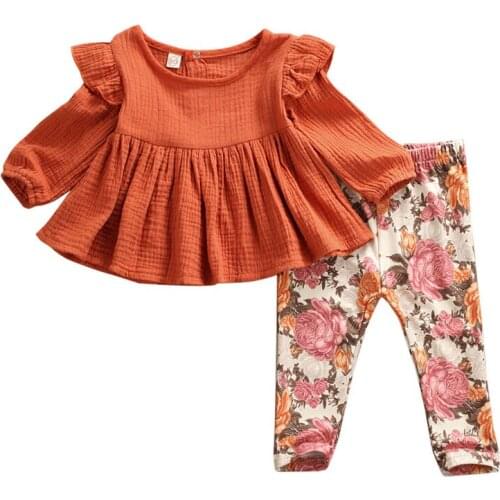 Infant Kids Baby Girls Floral Clothes Set 2pcs Long Sleeve Cotton Linen Top Pants Toddler Girls Autumn Outfit Children Set 6M-5T