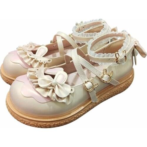 Lovely Lolita Style Shoes Girl Mary Janes Pu Leather Shoes Women Bowknot Rabbit Buckle Cross-tied Ankle Strap Princess Shoes