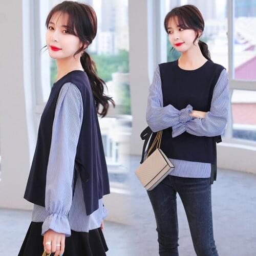 Korean Fashion Autumn Blouses Femme Fake Two Piece Tops Female Loose Pullover Shirts Stripes Patchwork Lace-up Slit Blouse Women