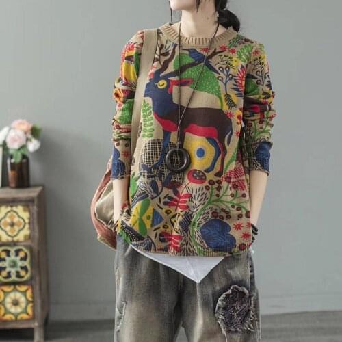 New Retro Art Thin Section Sweater Women Loose Deer Print Round Neck Pullover Casual Sweater Knitted Tee Shirt Blusa Tops f2361