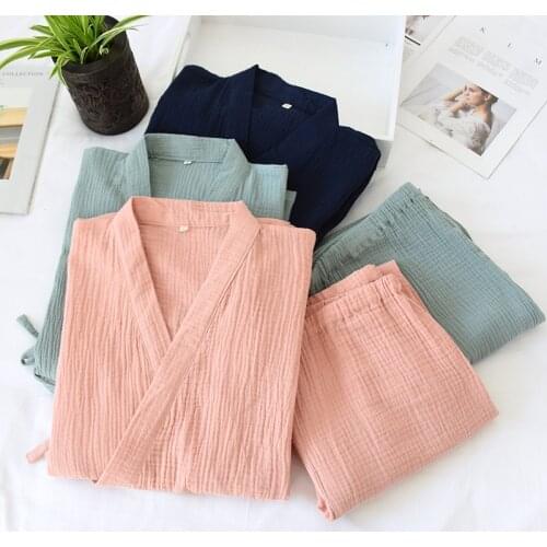 Kimono Pajamas Woman Kimono Cotton Sleepwear Vintage Blouse Soft Men Haori Jinbei Yukata Trousers Pajamas Set Couples Nightgown