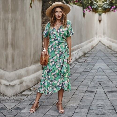 Summer Ladies Vacation Style Medium Long Floral Print Dress Women 2021 New Elegant Ruffles V-neck Short Sleeve Beach Dress