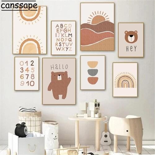 Boho Posters And Prints Bear Painting Sun Rainbow Poster Number Alphabet Paintings Nursery Wall Pictures Kids Bedroom Decor