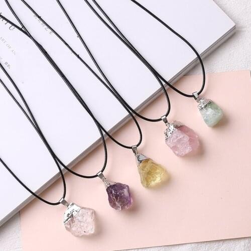Pink Yellow Purple Natural Amethyst Lemon Citrine stone Pendant Quartz Crystal Point Healing Stone Leather Chain Necklace