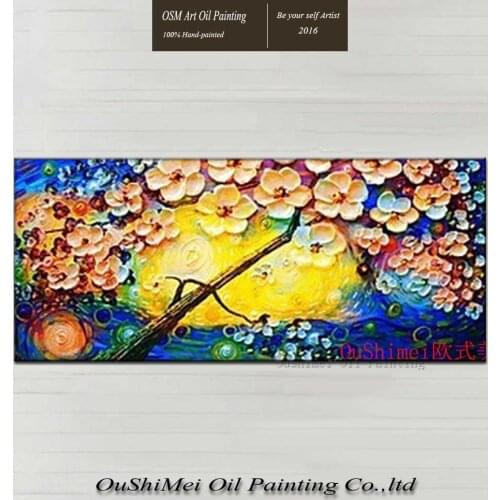 Hand Painted Abstract Style Oil Painting of Colorful Flowering Tree On Canvas Handmade Modern Palette Knife Art Canvas Paintings