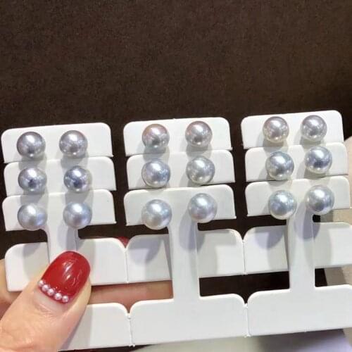 HENGSHENG Fashion 8-9 Natural Gray Round AKOYA Pearl earrings 925 Sterling Silver for the Women Simple jewelry