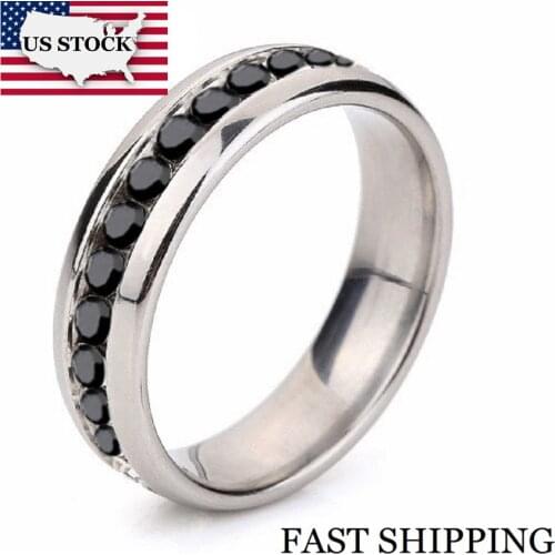 US STOCK 5% Off Stainless Steel Ring Mens Titanium Black Wedding Rings for Women Cubic Zirconia Bijuterias Uloveido YL006