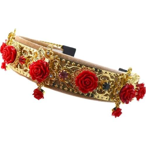 Red Crystal Bride tiara Hand sewing Crown Fashion Flower Wedding Crown Headpiece Wedding Hair Jewelry Accessories 1255