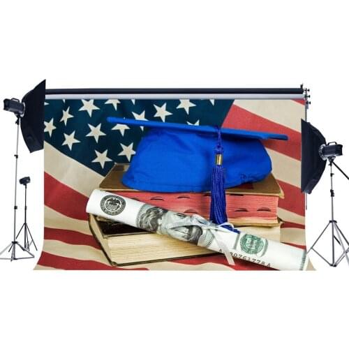 Graduation Ceremony Backdrop Mortarboard on Old Books Degree Backdrops American Flag Stars and Stripes Photography Background