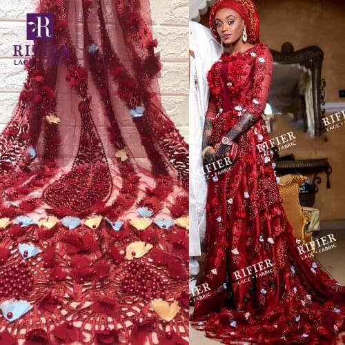 High Grade Colorful 3D Flower Applique Mesh Lace Fabric With Beads Red African French Beaded Embroidery Net Wedding Bride Laces
