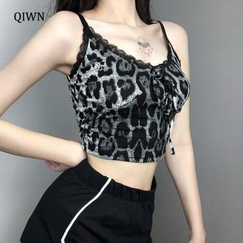 Sexy Leopard Print Lace Camis Women V-neck Stitching Short Top Y2k Aesthetic Sleeveless Tank Female Basic Sling Gothic Clothing