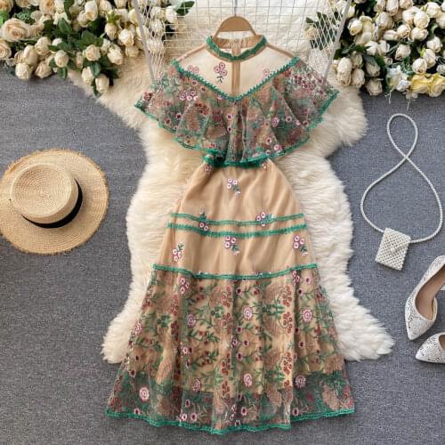 Luxury Europe Style 2021 Summer Elegant Women Mesh Embroidery Cloak Sleeve Long Dress Female Party Dresses Vestido