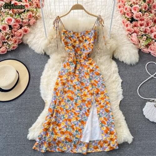 Guilantu Summer Spaghetti Strap Bodycon Backless Dress Women Fashion Print Floral Chiffon Beach Dress Sexy Club Vintage Dresses