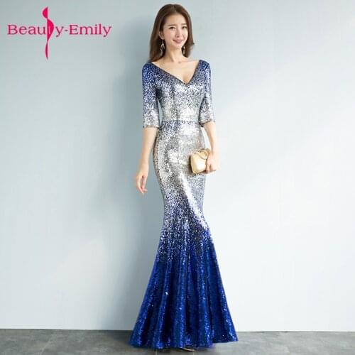 Beauty Emily Sexy V-neck Long Evening Dresses 2018 Empire Mermaid Lace V-neck Evening Party Prom Dresses