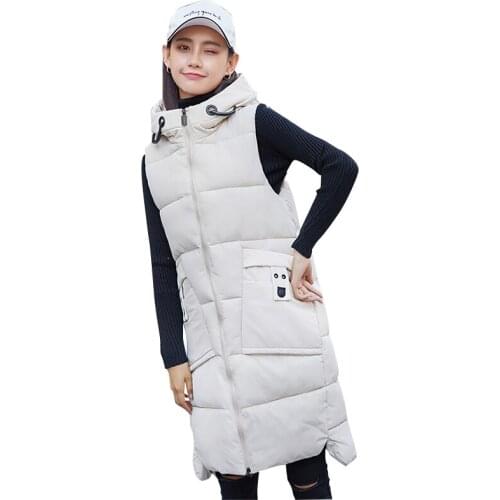 2021 Winter Cotton Padded Vest Women Loose Mid-Length Hooded Waistcoats Women Solid Warm Pockets Padded Coats Female LD1907