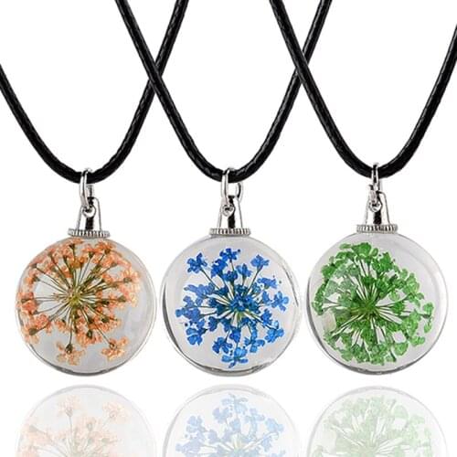 Free shipping Pressed Flower dried flower necklace pendant Long Rope Chain Round Necklaces Jewelry 30 pcs
