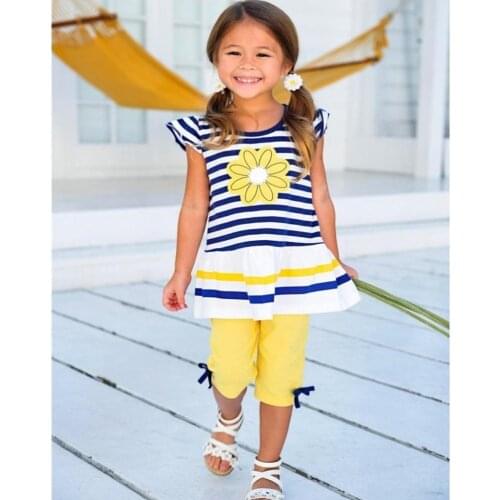 Brand New Fashion Girls Clothes Sets Flower Yellow Children Clothing Suit Girl Dress Tops Pants Kids Leggings 2pcs Suit Cotton