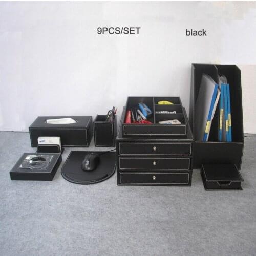 6/7/8/9PCS per set wood PU leather office desktop filing document stationery organizer pen pencil box holder office supplies set