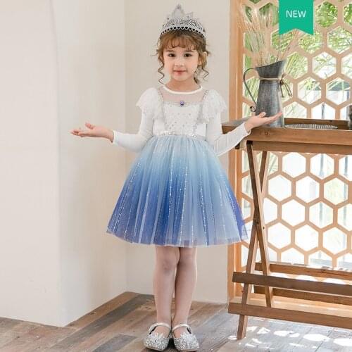 Girls Summer Dress for Kids Long Sleeve Ice Blue Princess Tulle Dress Fly Sleeve Tiered Cotton Costume Vestido