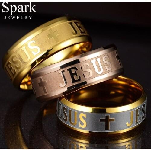 Spark 8mm Catholic Titanium Stainless Steel Rings for Men Jesus Cross Letter Bible Wedding Ring Women Never Fade Ring Jewelry