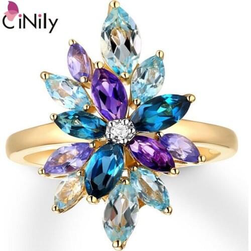 CiNily Multicolor Stone Zircon Gold Color Women Gems Ring Jewelry Bohemia Boho Jewelry Female Gifts Size 6-10