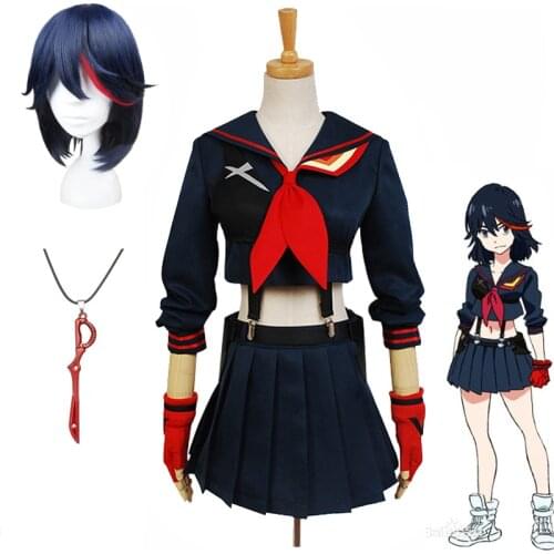 Japanese Anime KILL La KILL Matoi Ryuko Cosplay Costume Wig Short Hair T-shirt Skirt Gloves Belt School Uniform Navy Sailor Suit