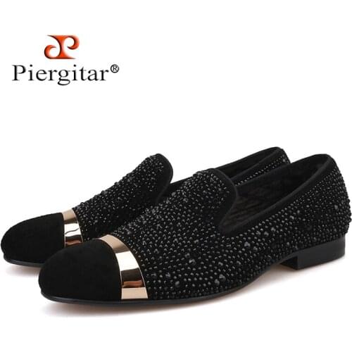 Piergitar Handmade Black Diamonds Mens Suede Loafers accessorized Gold Strap for Banquet and Prom mens smoking slippers