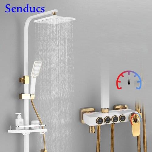 White Gold Bathroom Shower Set of 8 Inch Rainfall Shower Head Quality Brass Bathtub Mixer Faucet White Thermostatic Shower Set
