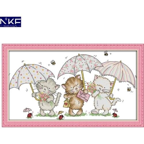 NKF Three Little Kittens Under The Umbrella Handmade Needlework Printed Cross-Stitch Embroidery Kit Cross Stitch for Home Decor